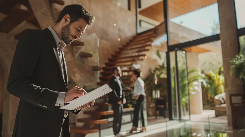 Conseiller immobilier réalisant l'audit d'un appartement
